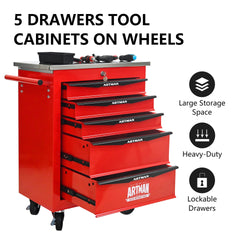 5 Drawers Multifunctional Tool Cart with Wheels,Metal Rolling Tool Cart Storage for Garage Workshop Warehouse Repair Shop--With Stainless Steel Roof--Red&Black