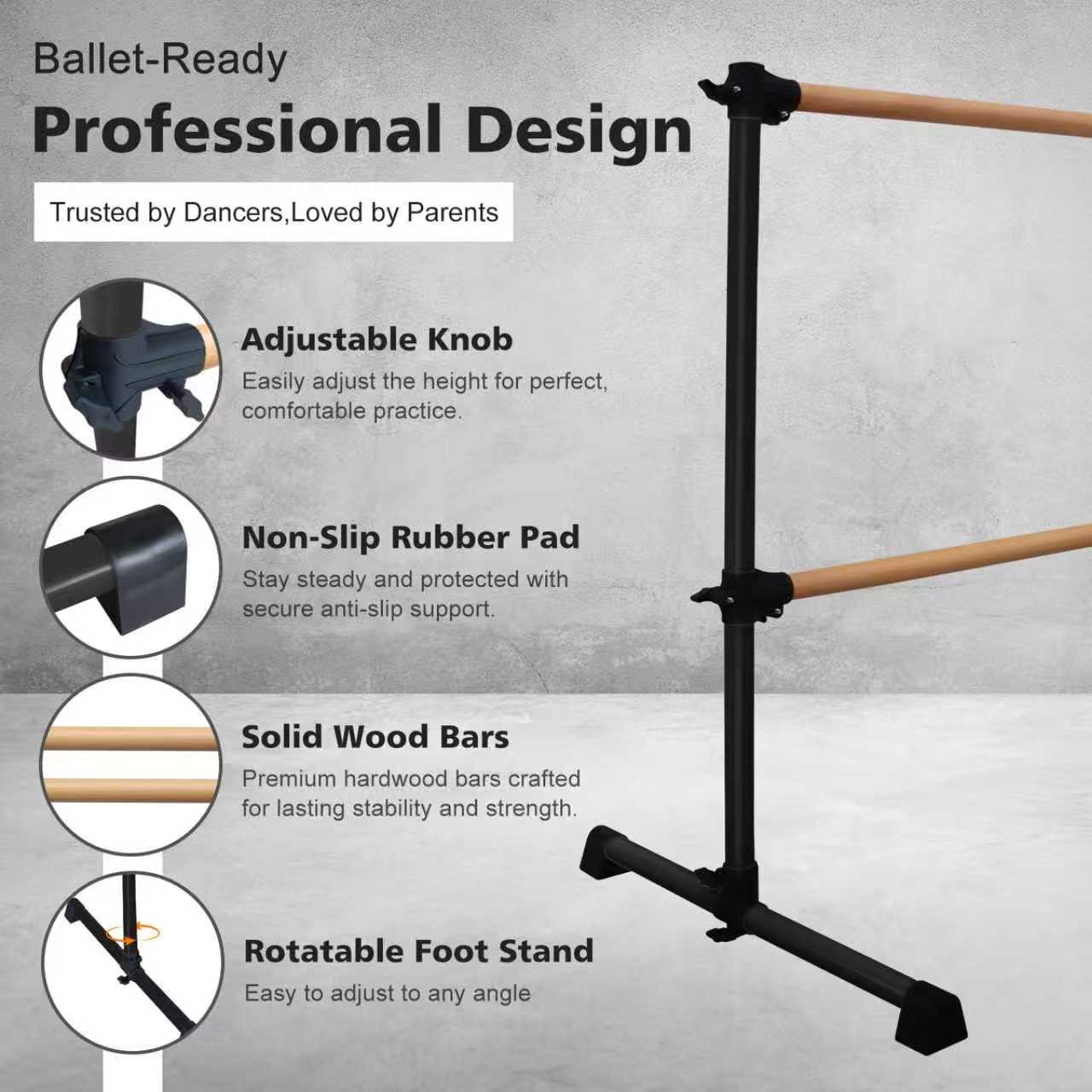 4FT Black Solid Wood Ballet Barre With Adjustable Range Of 6.7-46 Inches For Dance Practice