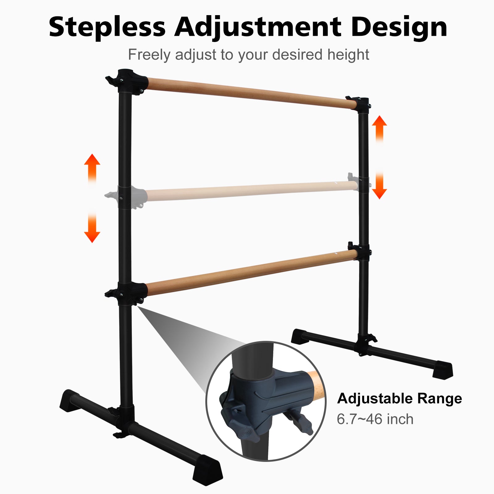 4FT Black Solid Wood Ballet Barre With Adjustable Range Of 6.7-46 Inches For Dance Practice