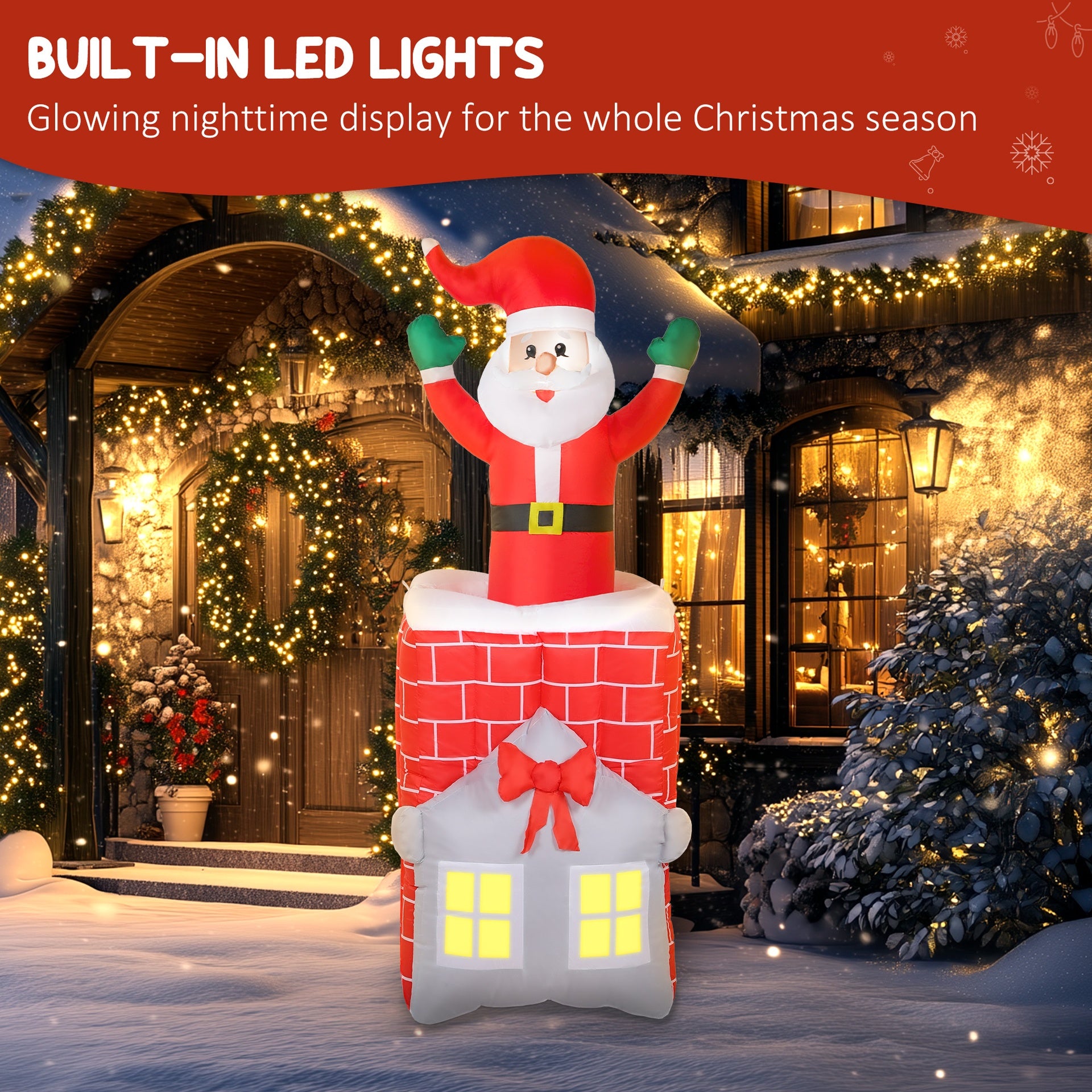 7FT Christmas Inflatable Santa in Chimney Up and Down, Blow Up Decoration with Built-in LED Lights