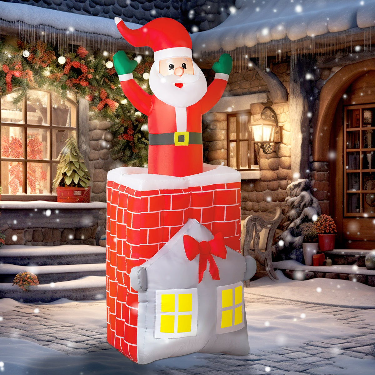 7FT Christmas Inflatable Santa in Chimney Up and Down, Blow Up Decoration with Built-in LED Lights