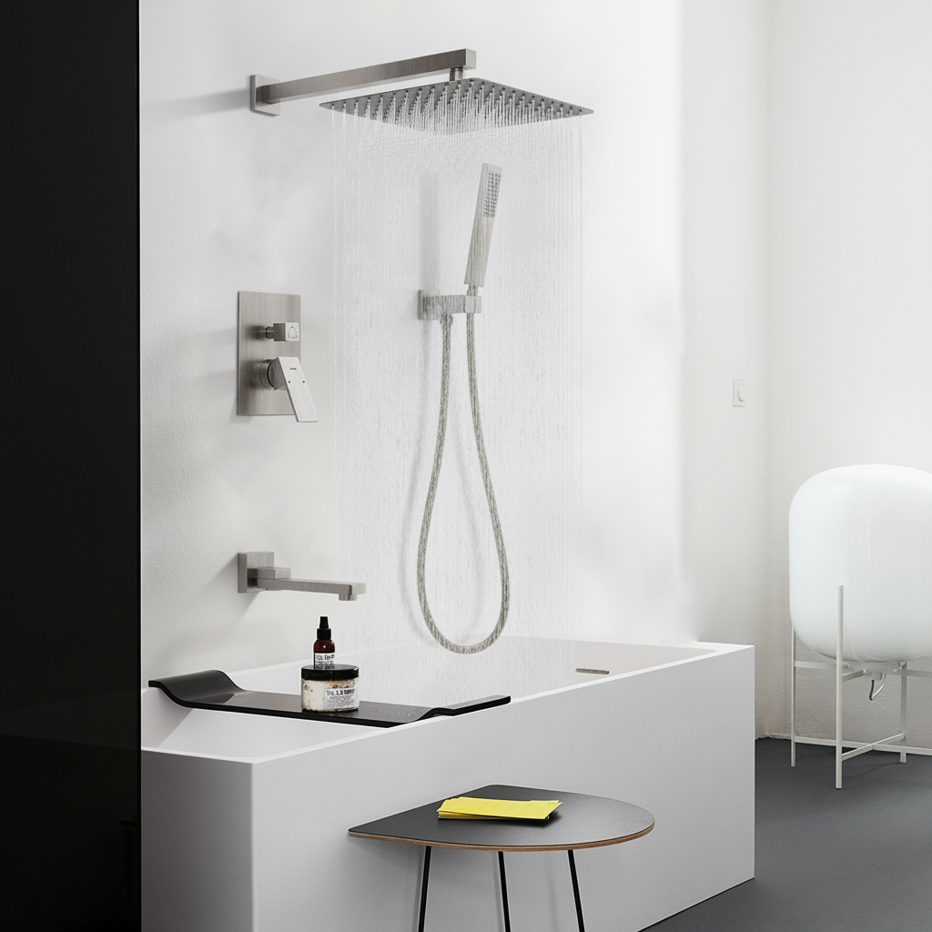 Male NPT Folding Bathtub Shower Faucet, Rain Shower Head System with Bath Tub Faucet Set and Handheld for Bathroom, Brushed Nickel 3 Function Tub Shower Rough-in Valve and Diverter