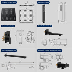 Male NPT Folding Bathtub Shower Faucet, Rain Shower Head System with Bath Tub Faucet Set and Handheld for Bathroom, Matte Black 3 Function Tub Shower Rough-in Valve and Diverter