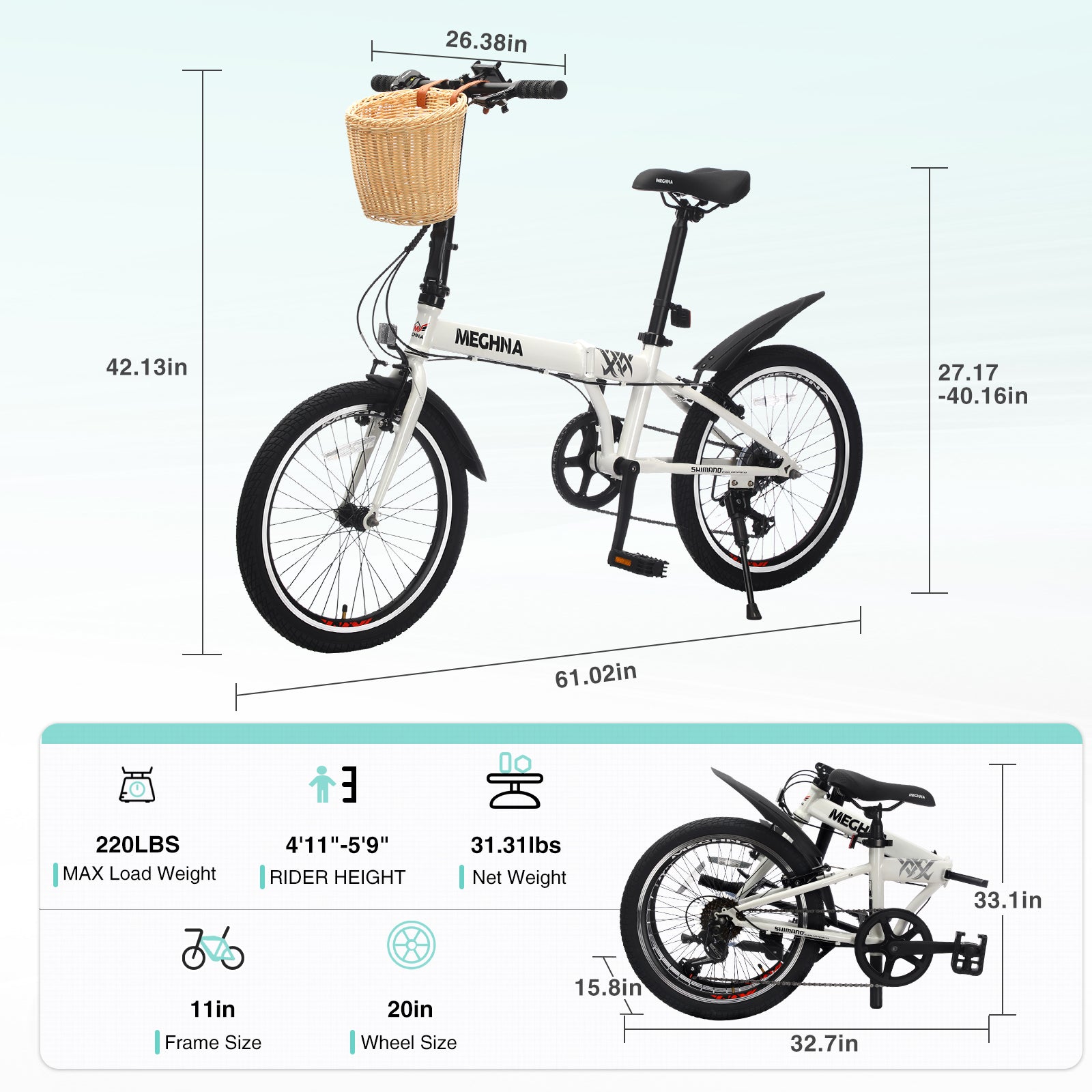 20 Inch Folding Bike for Adults with Basket, Phone Holder & Fenders, Steel Frame 6-Speed City Commuter, Dual V-Brake Portable Compact Bicycle for Men & Women