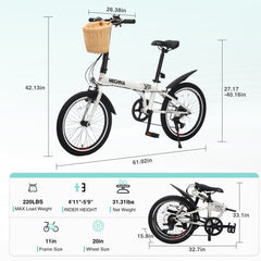 20 Inch Folding Bike for Adults with Basket, Phone Holder & Fenders, Steel Frame 6-Speed City Commuter, Dual V-Brake Portable Compact Bicycle for Men & Women