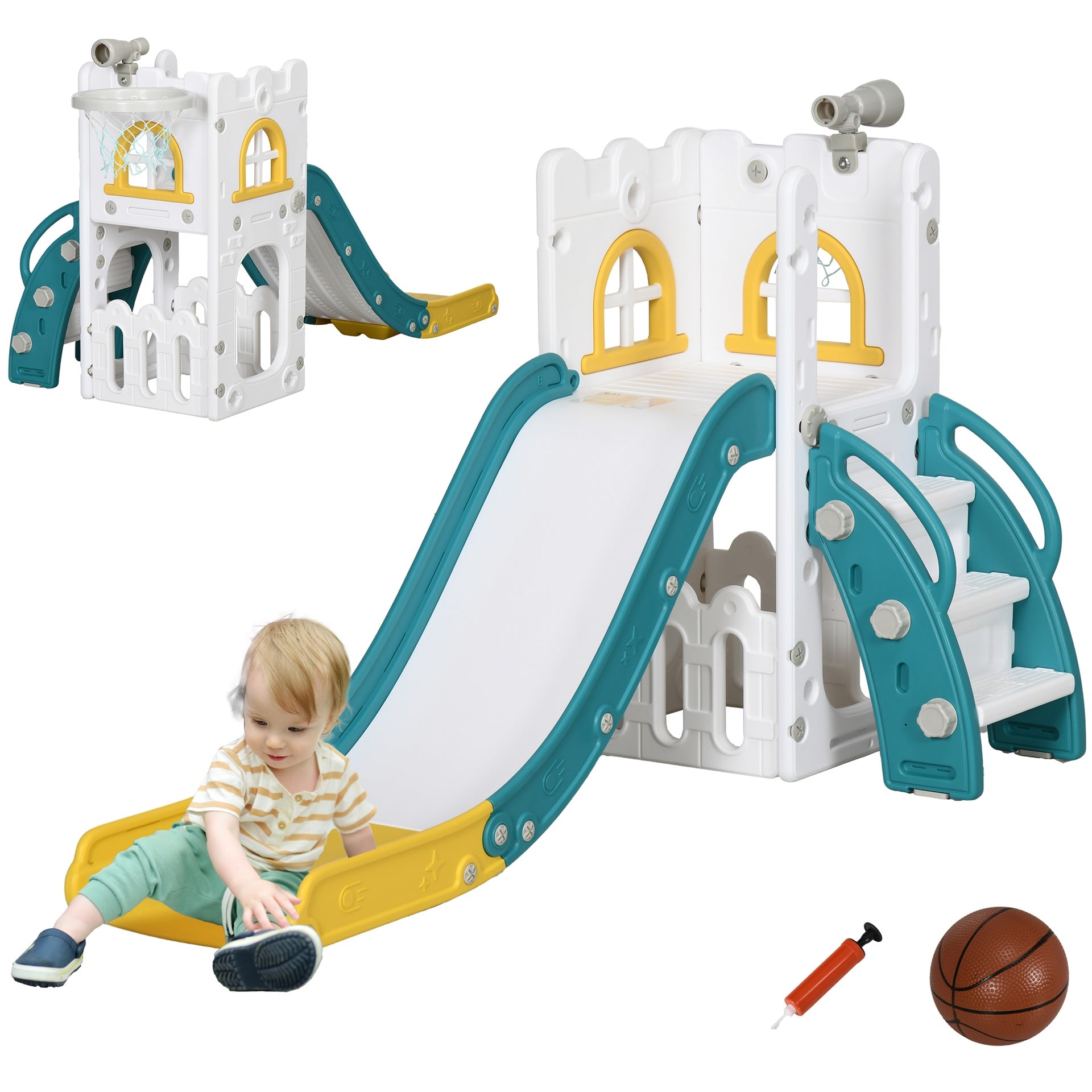 Qaba 5 in 1 Toddler Slide, Indoor Kids Slide Playset for 1-3 Years Olds with Basketball Hoop, Climber, Telescope & Storage Basket, Yellow
