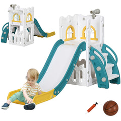 Qaba 5 in 1 Toddler Slide, Indoor Kids Slide Playset for 1-3 Years Olds with Basketball Hoop, Climber, Telescope & Storage Basket, Yellow