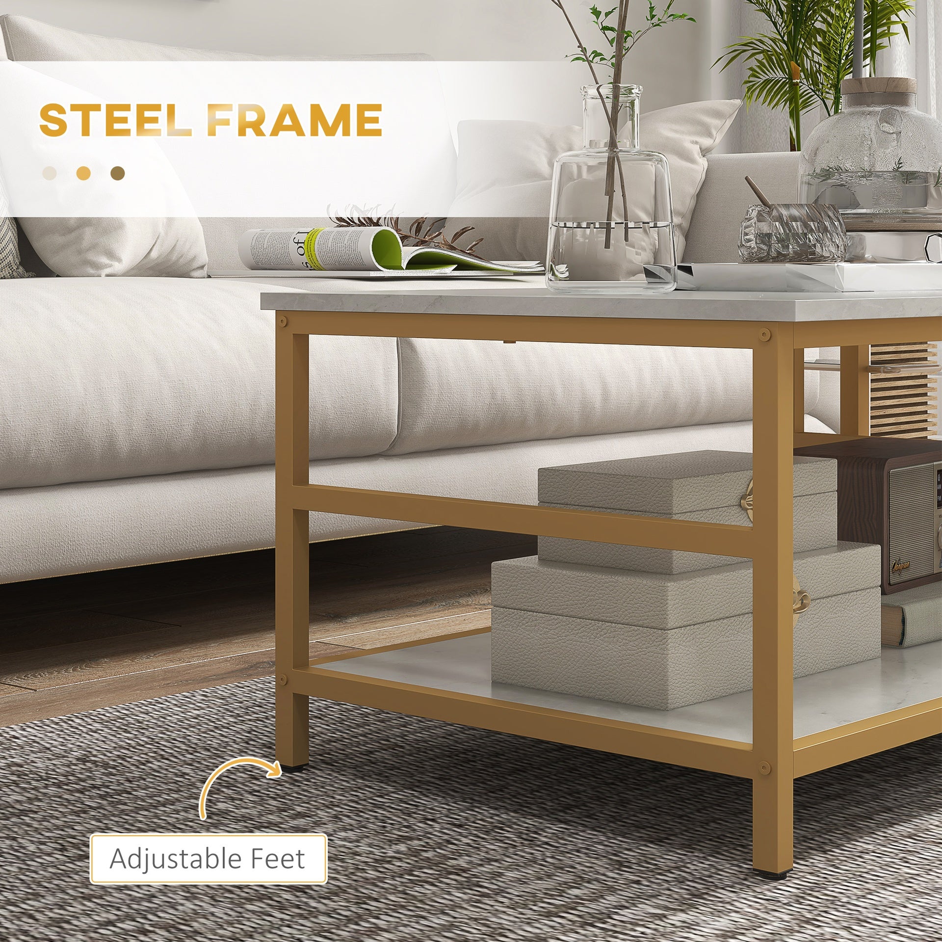 HOMCOM Coffee Tables Set of 2, 2-Rier Rectangle and Round Coffee Table with Storage Shelves, Faux Marble Top and Steel Frame, Sofa Side Table for Living Room, White