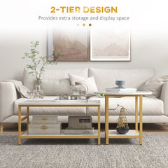 HOMCOM Coffee Tables Set of 2, 2-Rier Rectangle and Round Coffee Table with Storage Shelves, Faux Marble Top and Steel Frame, Sofa Side Table for Living Room, White