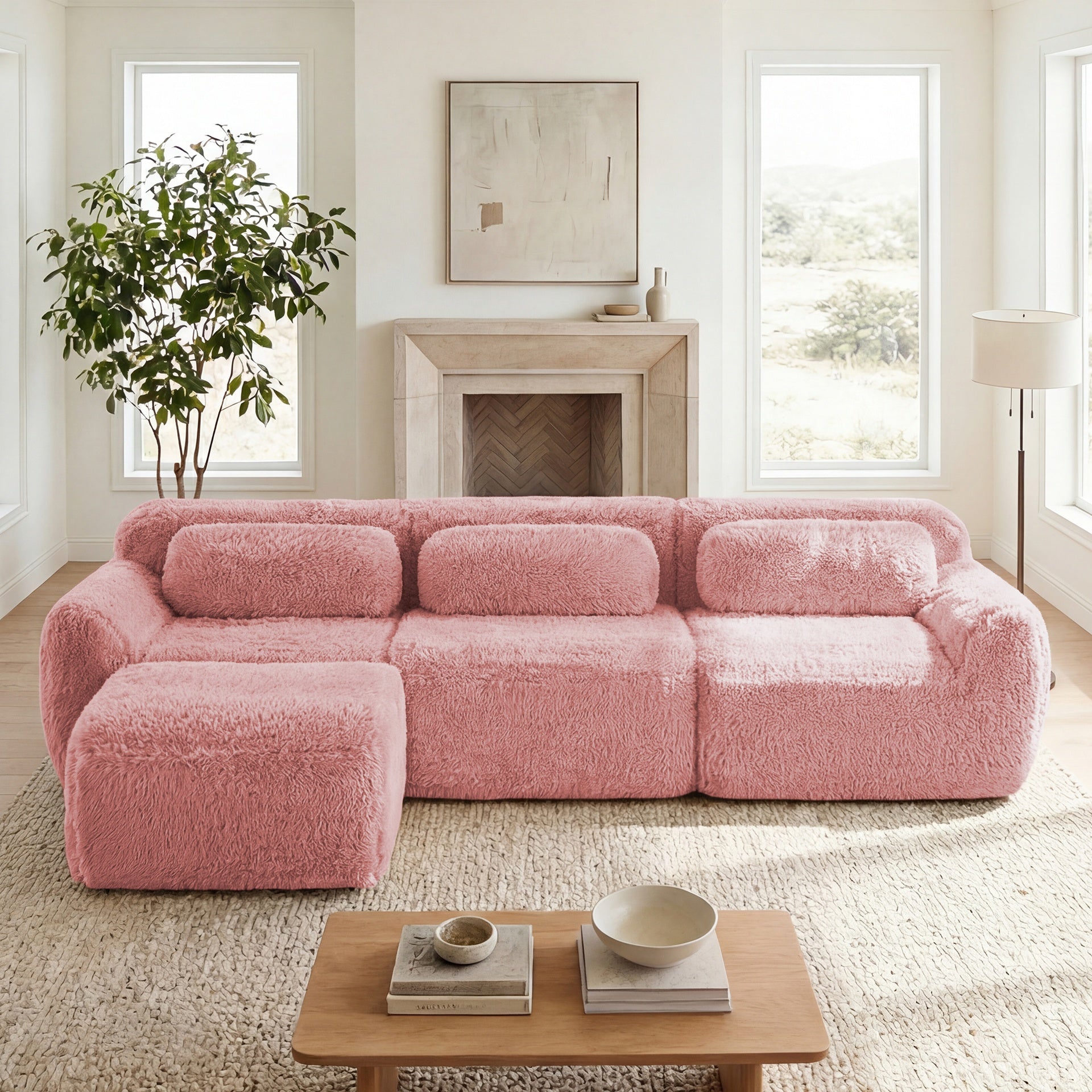 L-shaped Soft And Fluffy Plush Fabric,Boneless Sofa,With Throw Pillows 32D High Density Sponge,No Assembly Required Bottom,Anti-Slip Design Buckle Connection,Movable Ottoman For Living Room,Pink