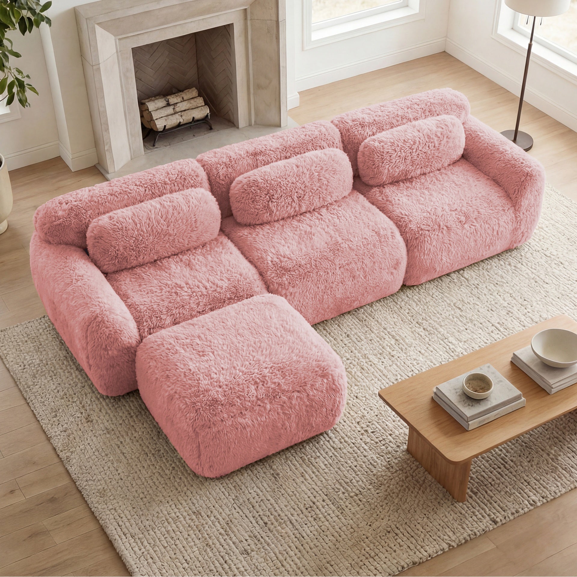 L-shaped Soft And Fluffy Plush Fabric,Boneless Sofa,With Throw Pillows 32D High Density Sponge,No Assembly Required Bottom,Anti-Slip Design Buckle Connection,Movable Ottoman For Living Room,Pink
