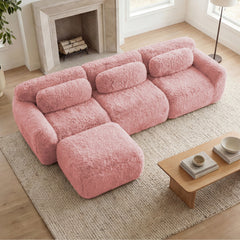 L-shaped Soft And Fluffy Plush Fabric,Boneless Sofa,With Throw Pillows 32D High Density Sponge,No Assembly Required Bottom,Anti-Slip Design Buckle Connection,Movable Ottoman For Living Room,Pink