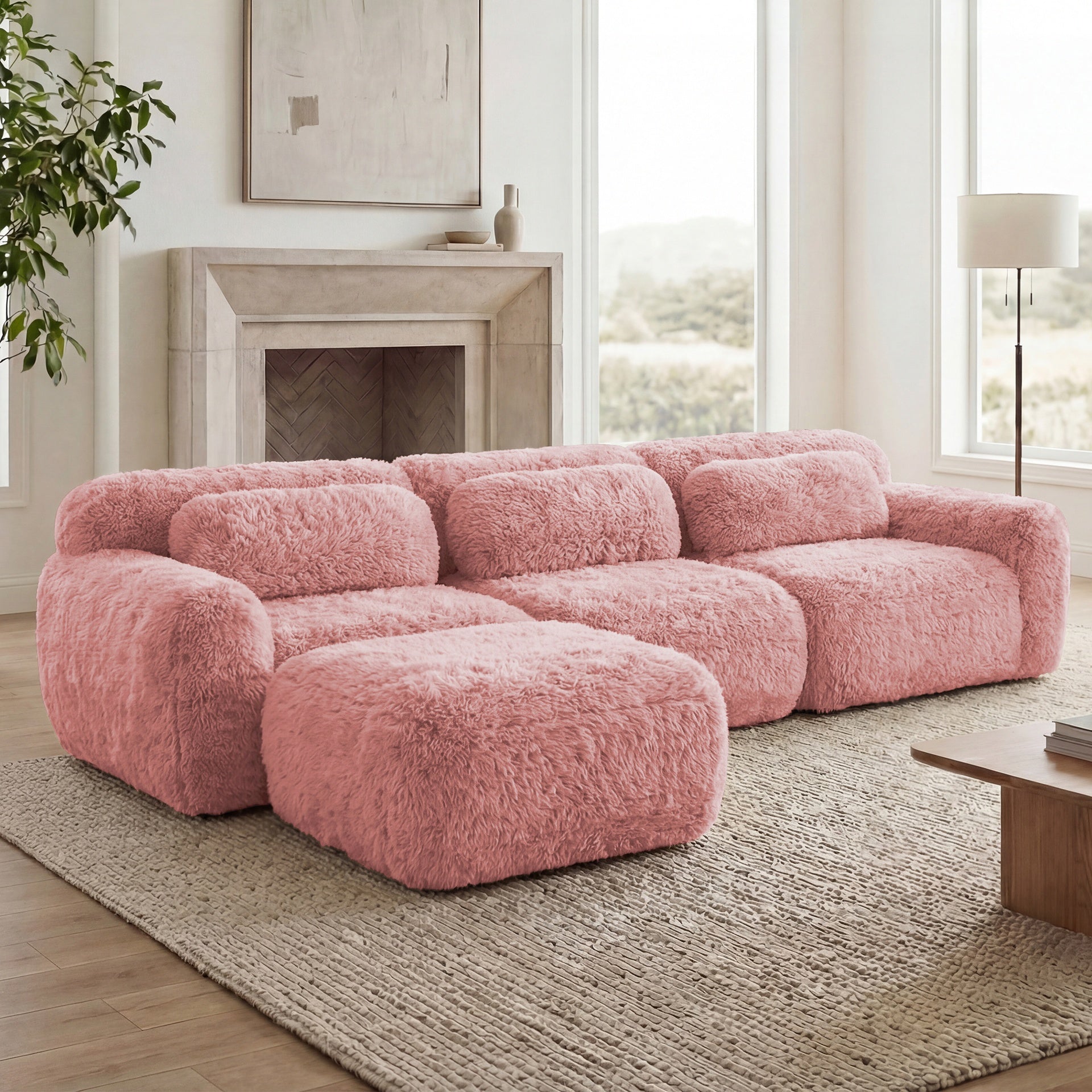 L-shaped Soft And Fluffy Plush Fabric,Boneless Sofa,With Throw Pillows 32D High Density Sponge,No Assembly Required Bottom,Anti-Slip Design Buckle Connection,Movable Ottoman For Living Room,Pink