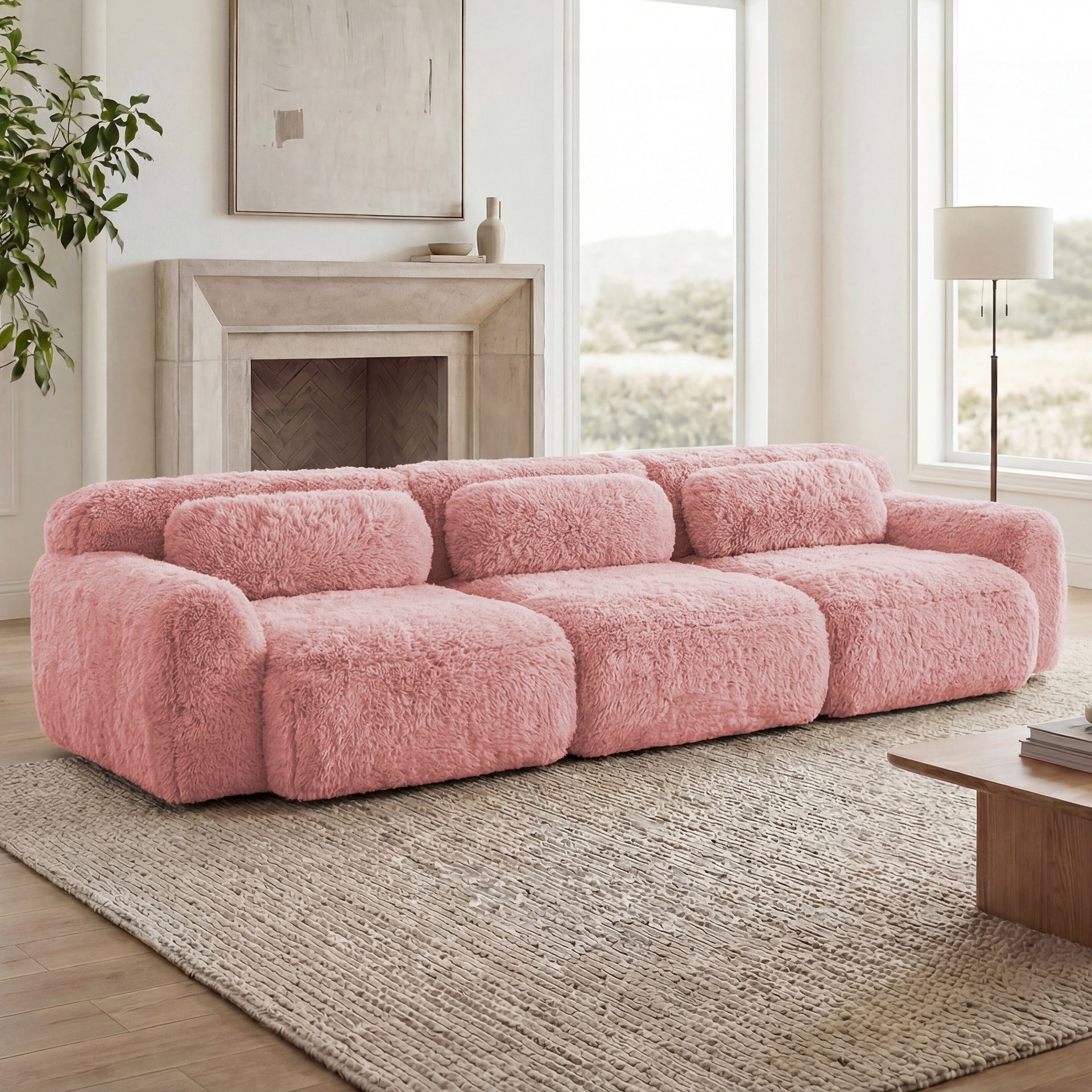 114''Soft And Fluffy  Plush Fabric,Modular Sectional Sofa Couches,Ergonomic Design With Ottoman And Throw Pillows,Full-compression Vacuum Packaging Buckle Connection For Study,Home Theater,Pink