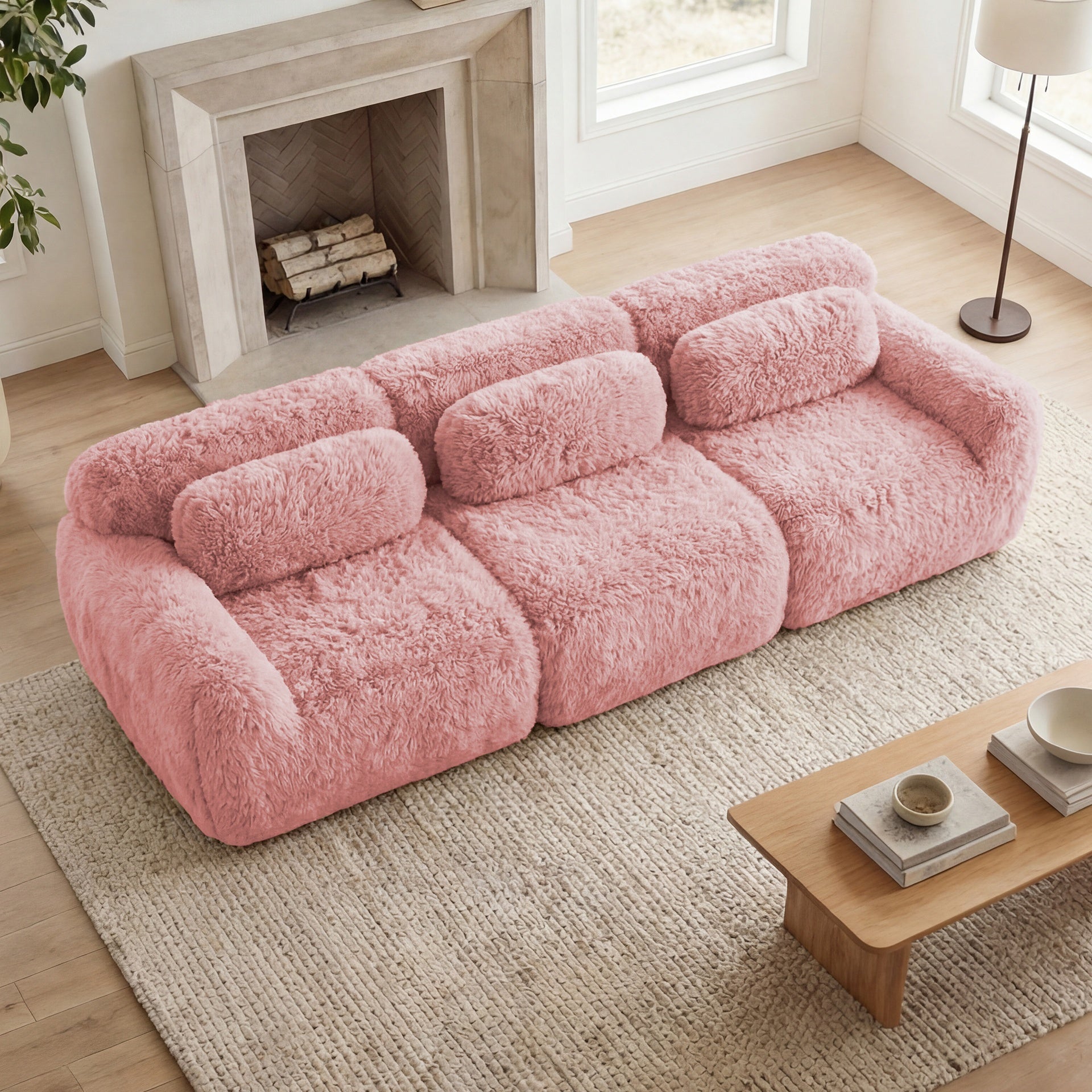 114''Soft And Fluffy  Plush Fabric,Modular Sectional Sofa Couches,Ergonomic Design With Ottoman And Throw Pillows,Full-compression Vacuum Packaging Buckle Connection For Study,Home Theater,Pink