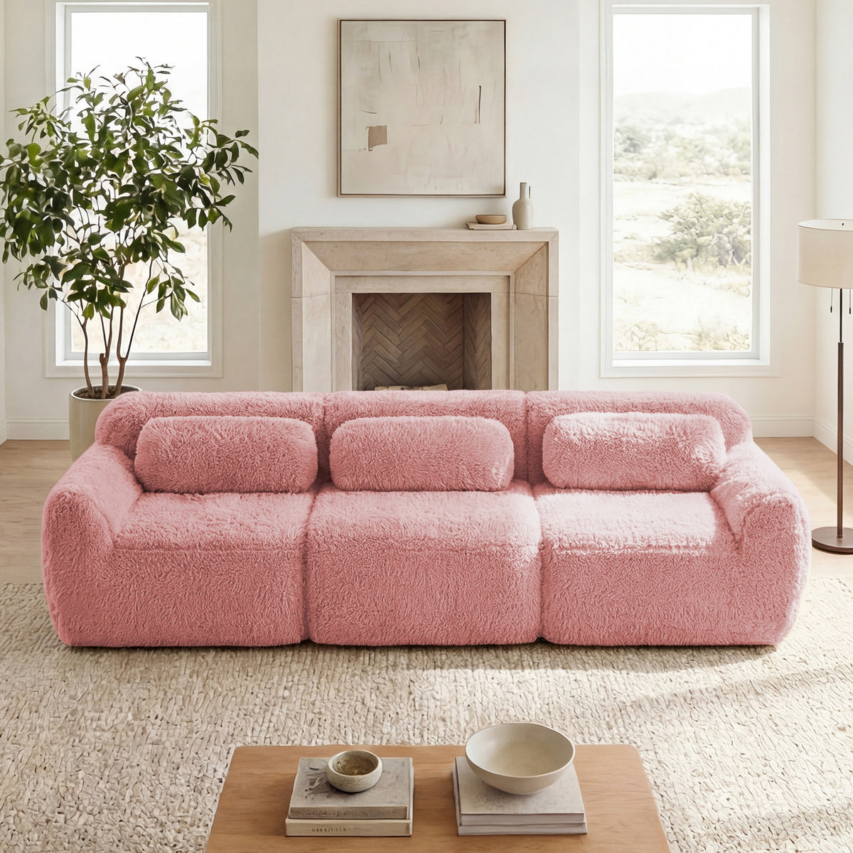 114''Soft And Fluffy  Plush Fabric,Modular Sectional Sofa Couches,Ergonomic Design With Ottoman And Throw Pillows,Full-compression Vacuum Packaging Buckle Connection For Study,Home Theater,Pink