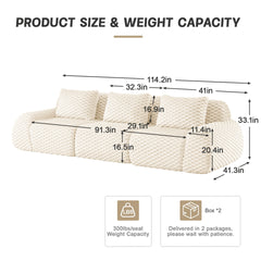 114" Modern Modular Sectional Sofa for Living Room,Flannelette Fabric,Oversized 3-Seater Couch,boneless sofa,Deep Seat,Buckle connection,Anti-slip Design,No Assembly,Cream