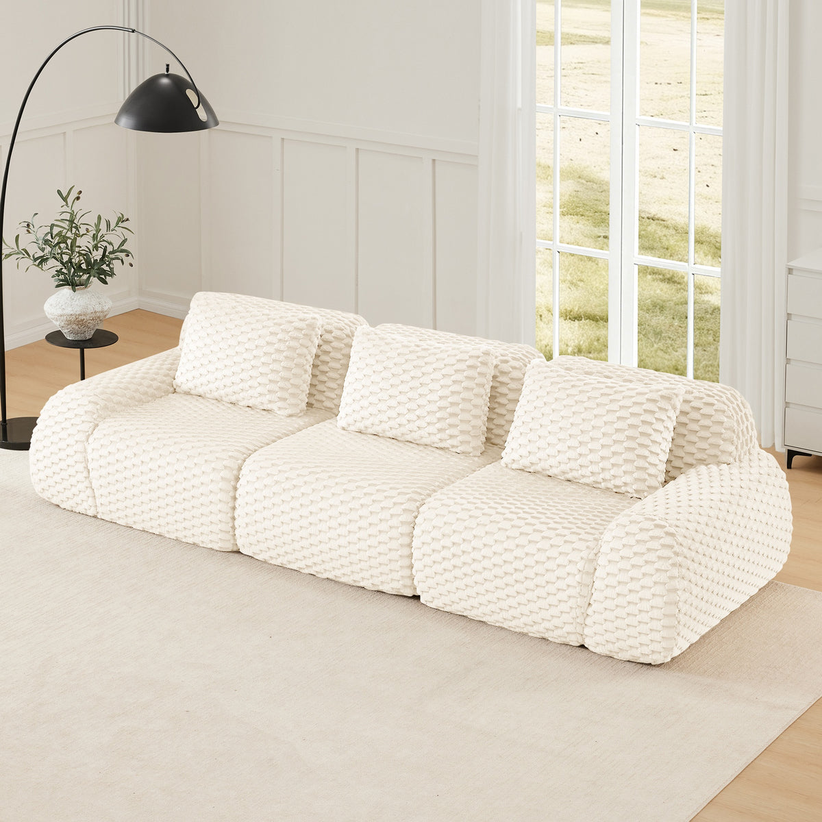 114" Modern Modular Sectional Sofa for Living Room,Flannelette Fabric,Oversized 3-Seater Couch,boneless sofa,Deep Seat,Buckle connection,Anti-slip Design,No Assembly,Cream