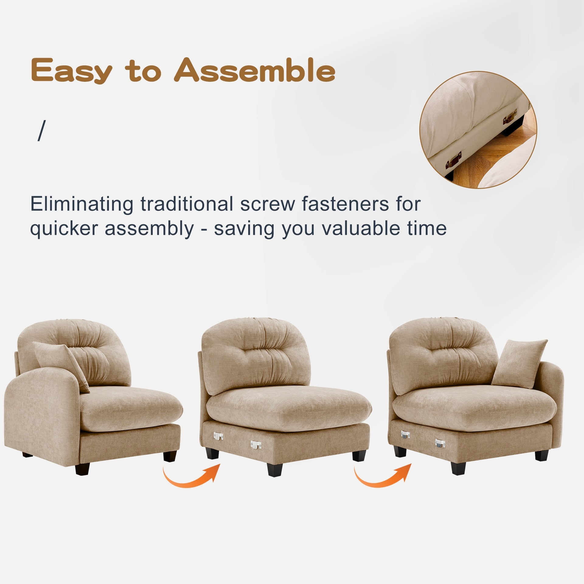 Cloud Sectional Couches,Premium Chenille Fabric Paired With Soft Throw Pillows ,Tufted Cushion Backrest Design  High-Density Foam Ergonomic Design Easy Install Elegant Armrests,Fits Bedrooms,Camel
