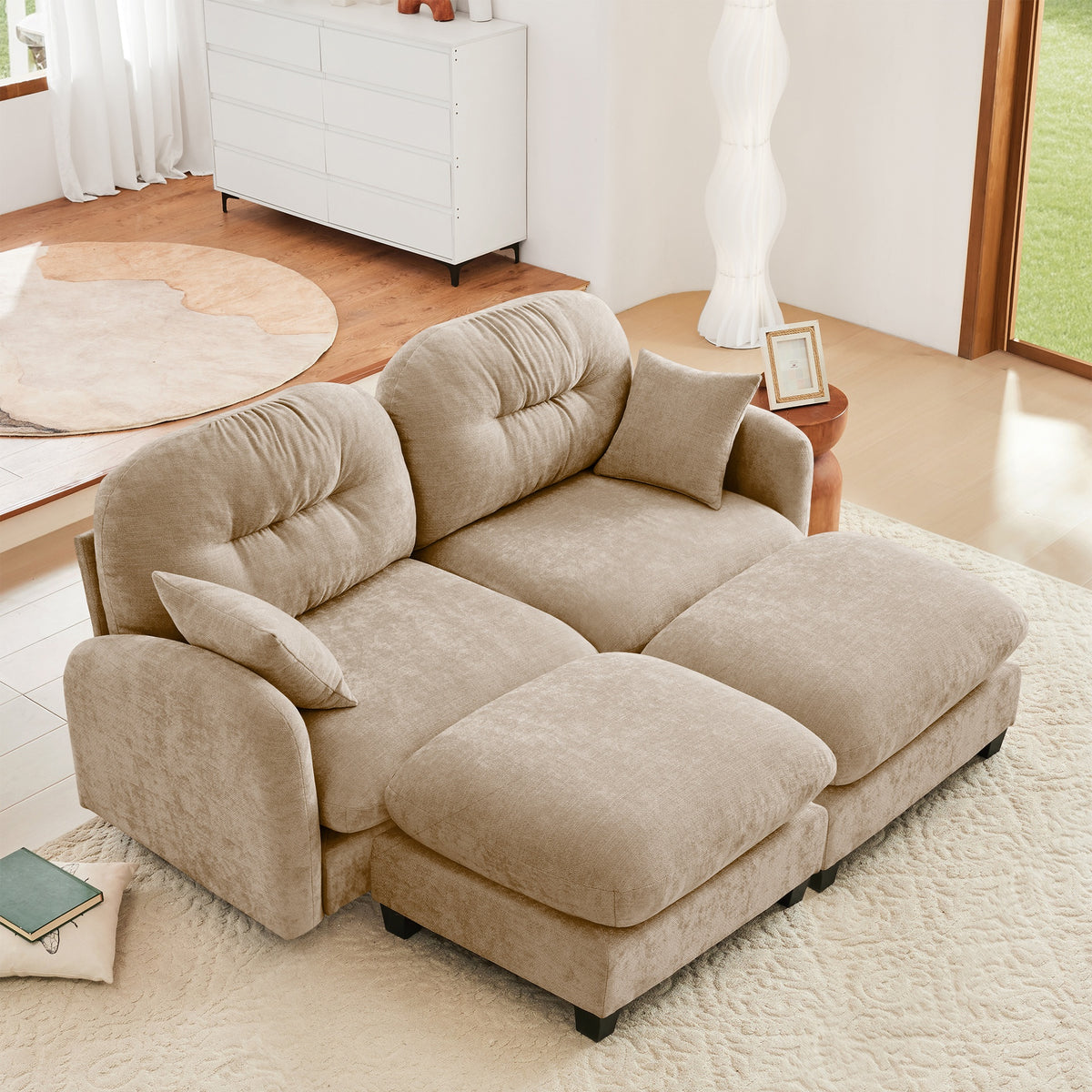 Cloud Sectional Couches,Premium Chenille Fabric Paired With Soft Throw Pillows ,Tufted Cushion Backrest Design  High-Density Foam Ergonomic Design Easy Install Elegant Armrests,Fits Bedrooms,Camel
