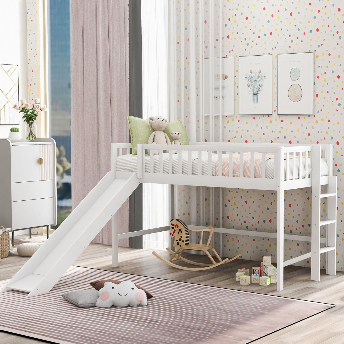 Twin Size Low Loft Bed with Ladder and Slide,White