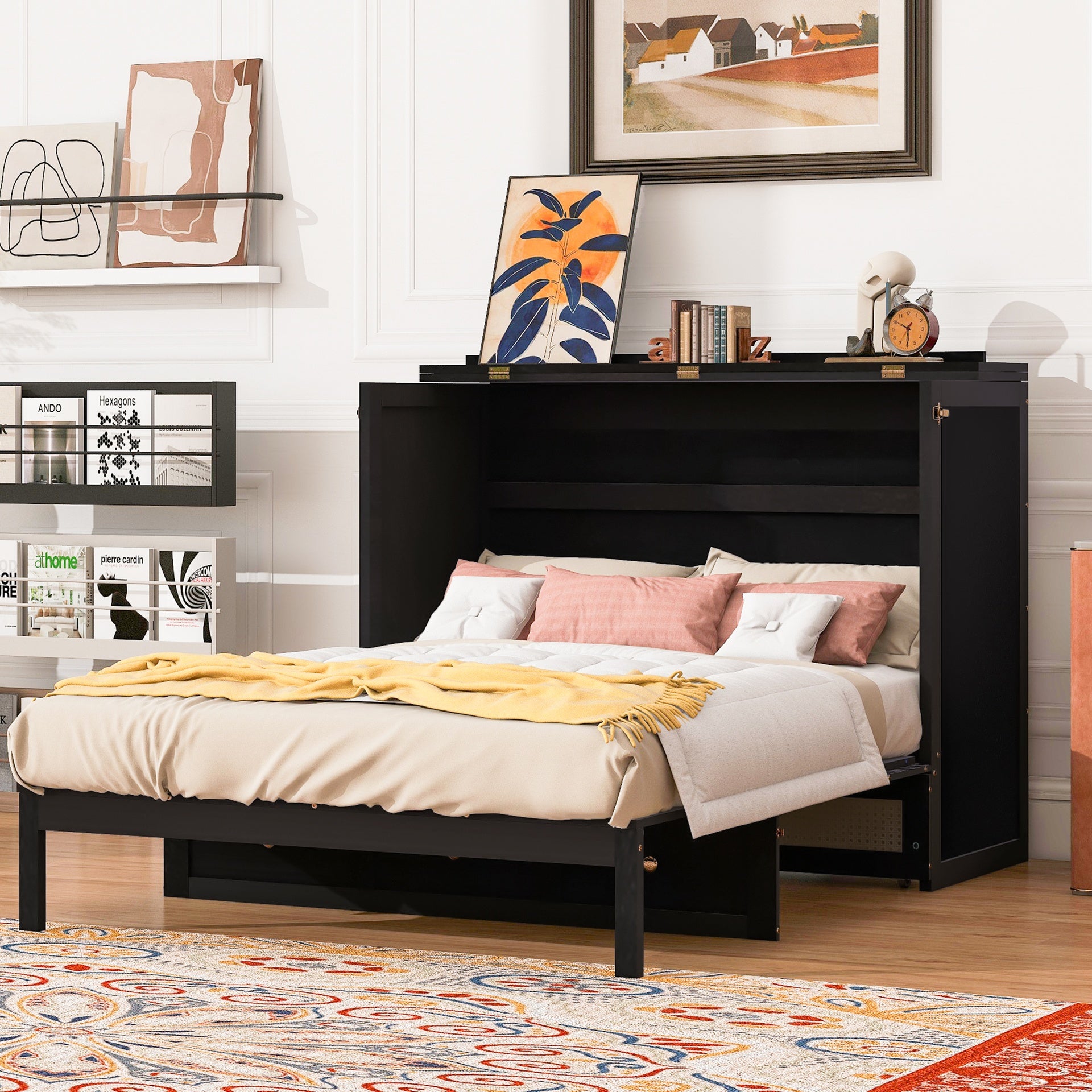 Full Size Murphy Bed with Large Drawers,Espresso