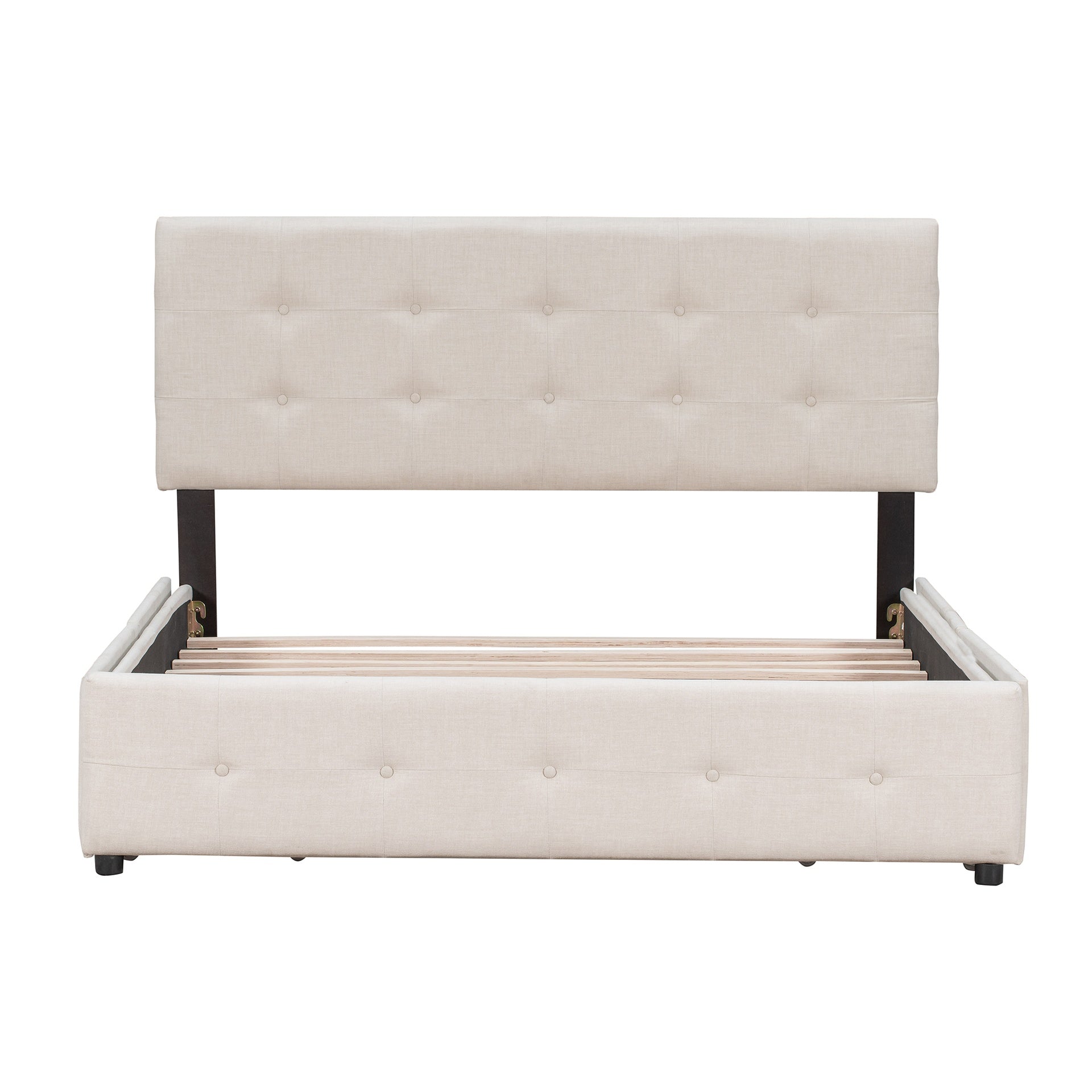 Upholstered Platform Bed with Classic Headboard and 4 Drawers, No Box Spring Needed, Linen Fabric, Queen Size Beige