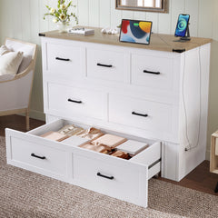 Murphy Bed Cabinet Full Size with Charging Station, Multi-Functional Foldable Platform Bed with 1 Large Storage Drawer for Guest Room, Small Bedroom, White