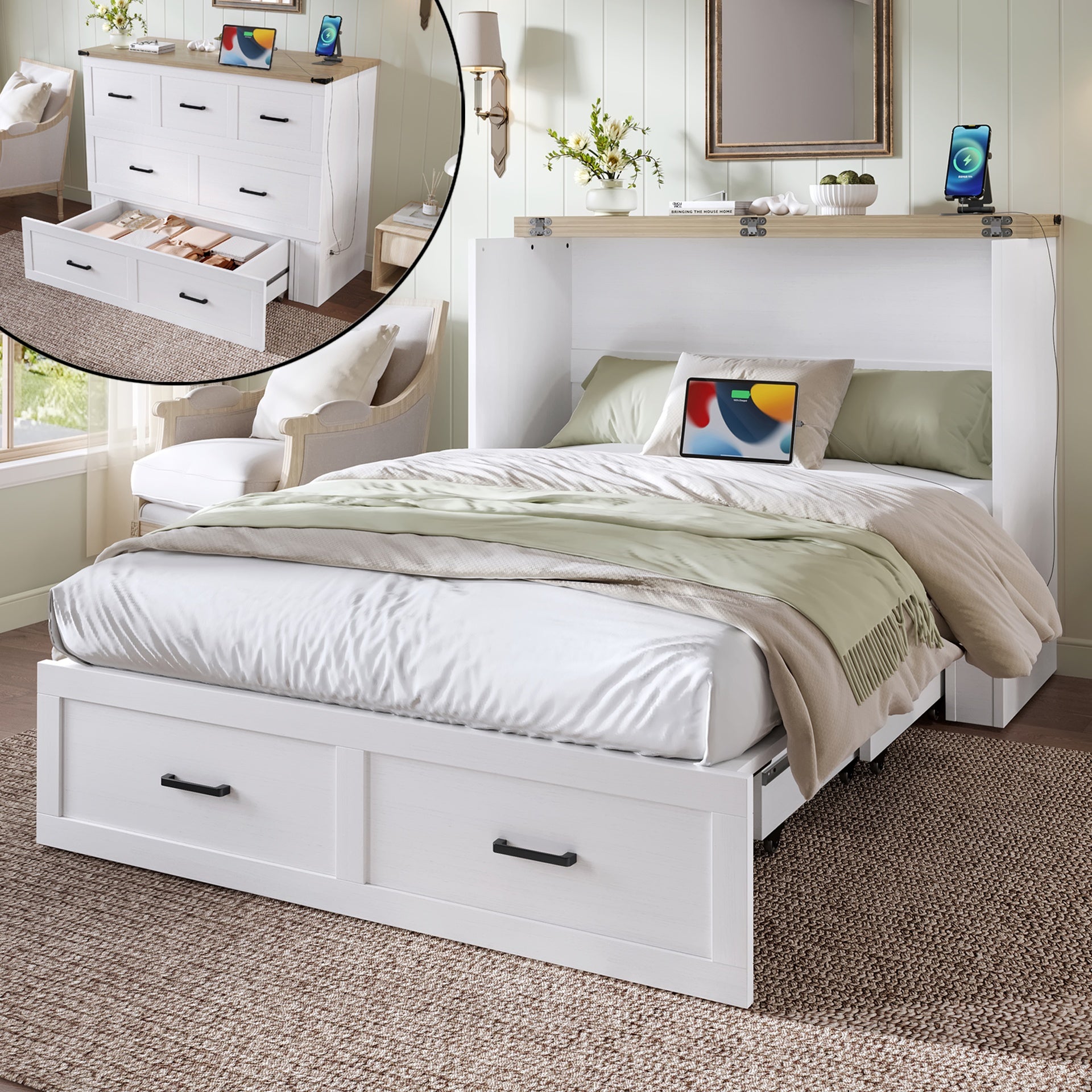 Murphy Bed Cabinet Full Size with Charging Station, Multi-Functional Foldable Platform Bed with 1 Large Storage Drawer for Guest Room, Small Bedroom, White
