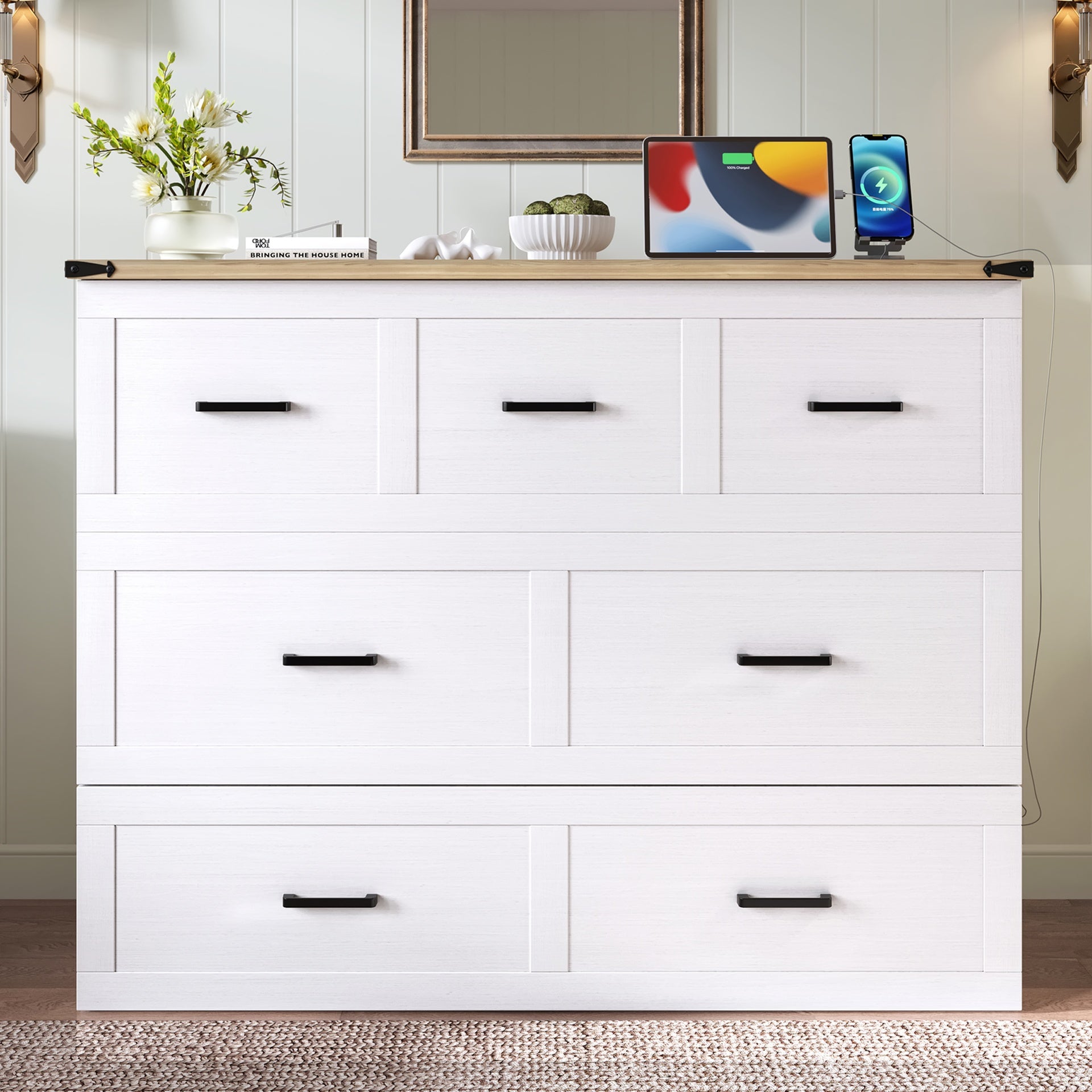 Murphy Bed Cabinet Full Size with Charging Station, Multi-Functional Foldable Platform Bed with 1 Large Storage Drawer for Guest Room, Small Bedroom, White