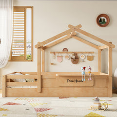 Twin Size Floor Bed with Guardrails and Roof, Kids House Floor Bed with a Small Built-in Tray and Free-installed Signboard, Childlike Design, Natural