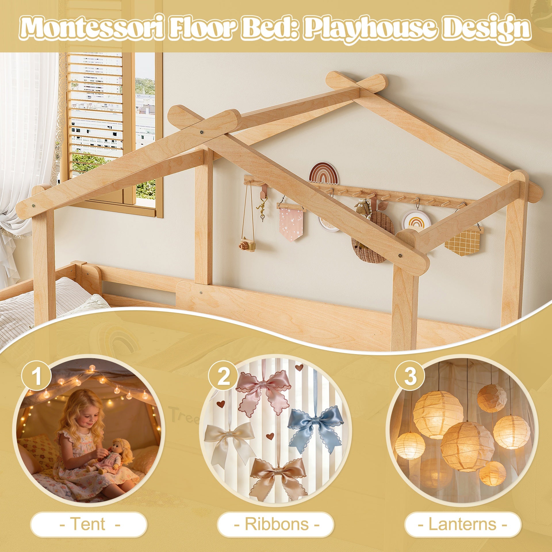 Twin Size Floor Bed with Guardrails and Roof, Kids House Floor Bed with a Small Built-in Tray and Free-installed Signboard, Childlike Design, Natural