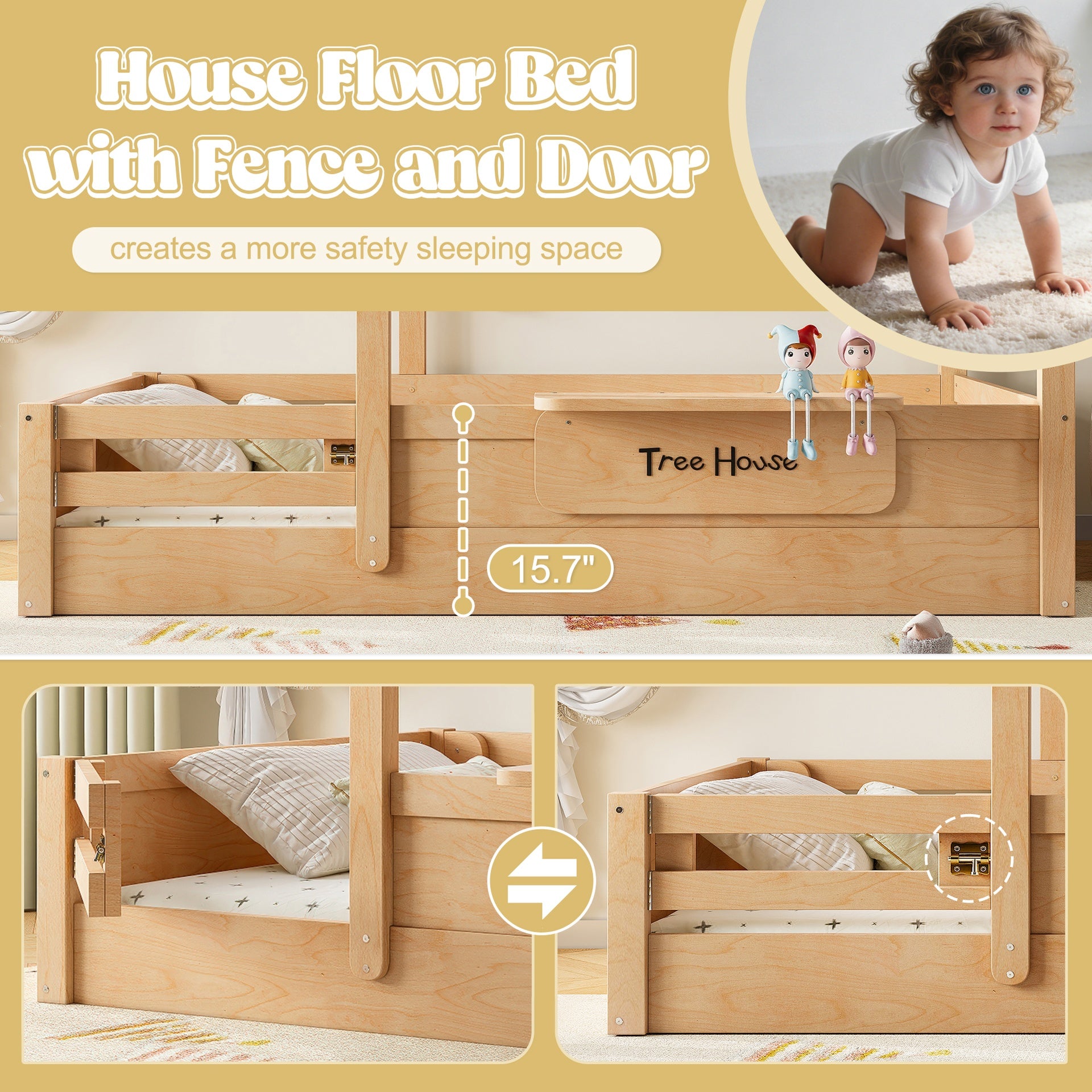 Twin Size Floor Bed with Guardrails and Roof, Kids House Floor Bed with a Small Built-in Tray and Free-installed Signboard, Childlike Design, Natural