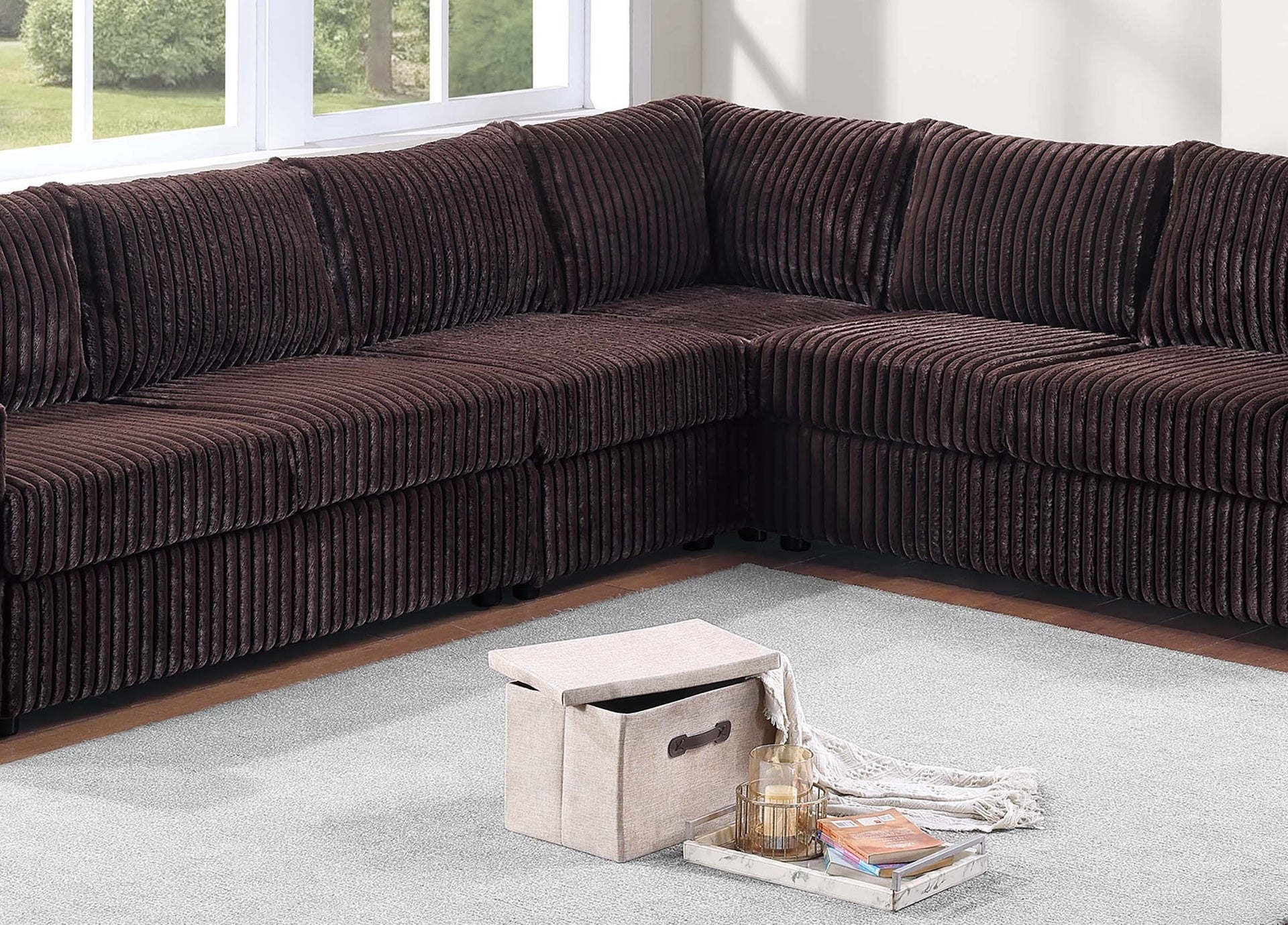 L-Shaped Sectional Set 4pc One Arm Loveseat Armless Chair Corner Wedge Cushion Back Plastic Leg Corduroy Upholstered Coffee Finish Primary Living Room
