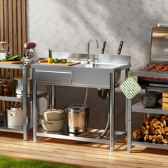 304 Stainless Steel Outdoor Utility Sink with Workbench & Storage Shelf, Freestanding Prep Table with Left Drawer, 39" Garden Patio Sink Station with 360° Hot & Cold Water Faucet