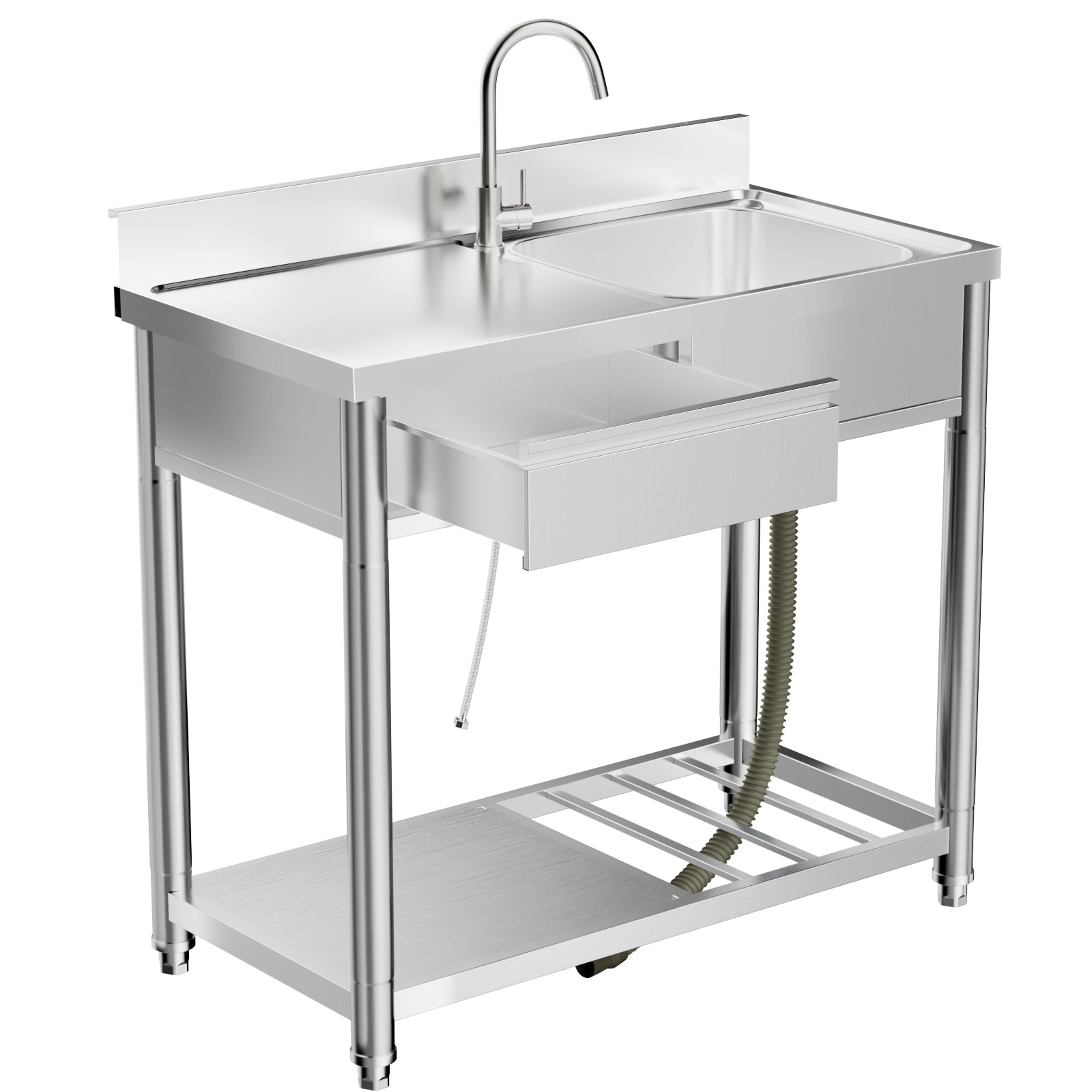 304 Stainless Steel Outdoor Utility Sink with Workbench & Storage Shelf, Freestanding Prep Table with Left Drawer, 39" Garden Patio Sink Station with 360° Hot & Cold Water Faucet