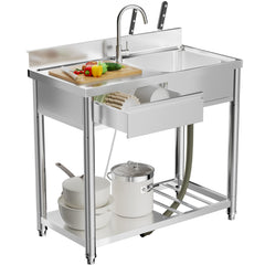 304 Stainless Steel Outdoor Utility Sink with Workbench & Storage Shelf, Freestanding Prep Table with Left Drawer, 39" Garden Patio Sink Station with 360° Hot & Cold Water Faucet