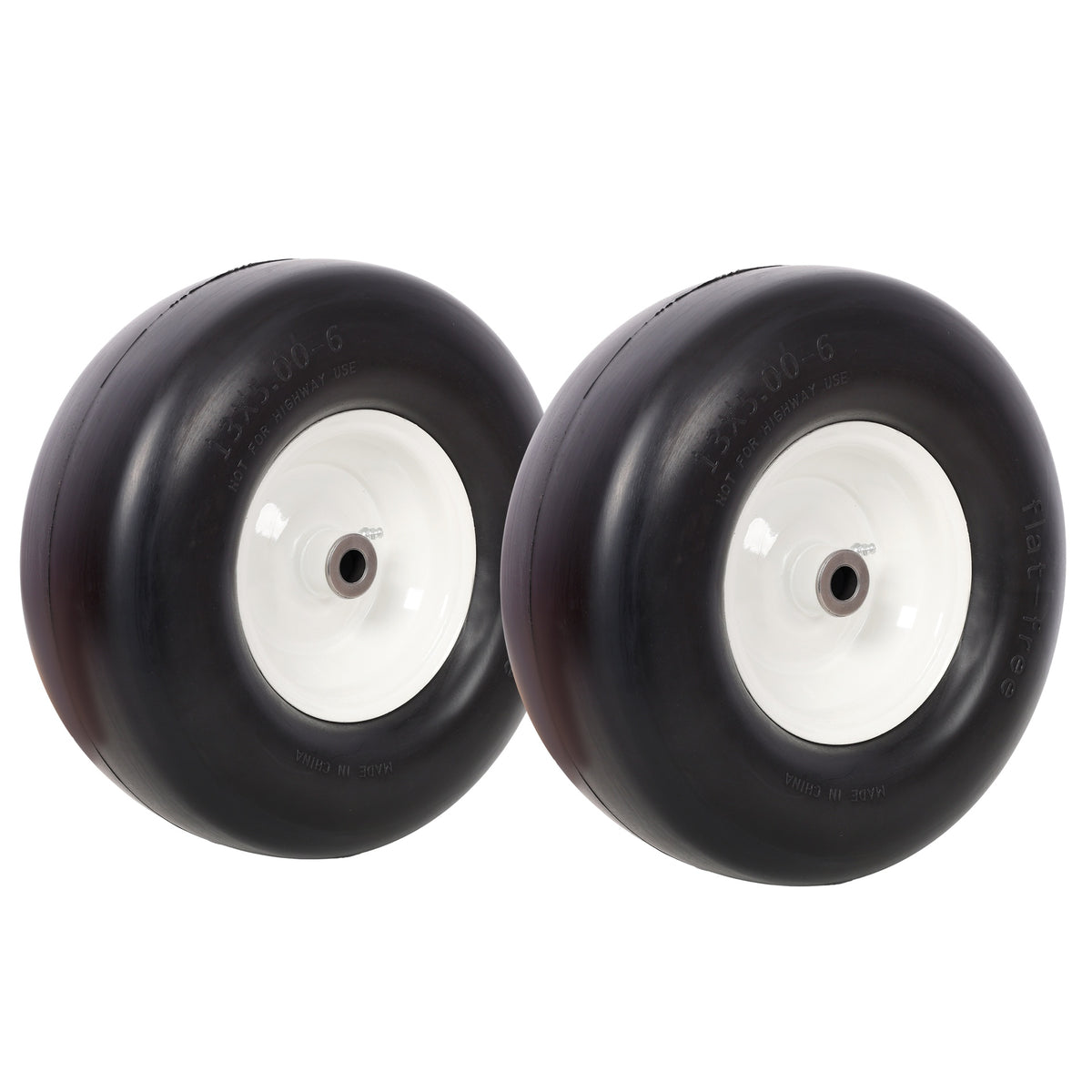 2pcs 13x5.00-6" Flat Free Lawn Mower tires,Zero Turn Mower replacement Solid Tire, Smooth tread, 3/4" Bearing 3" Central Hub, 500 LB Load capacity per pc. 2 PCS/ PACK