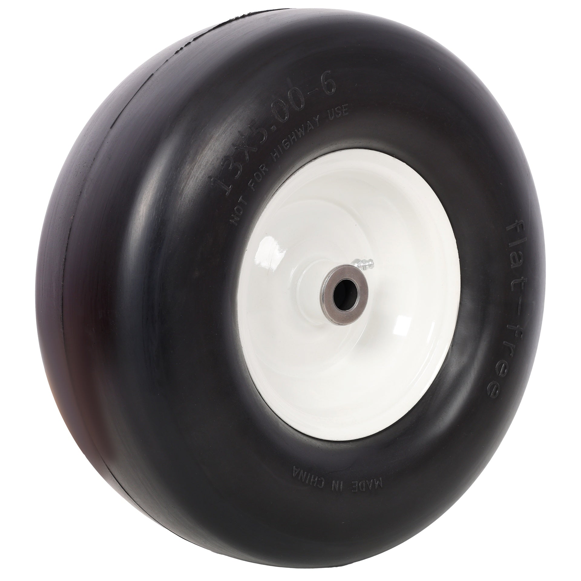 2pcs 13x5.00-6" Flat Free Lawn Mower tires,Zero Turn Mower replacement Solid Tire, Smooth tread, 3/4" Bearing 3" Central Hub, 500 LB Load capacity per pc. 2 PCS/ PACK