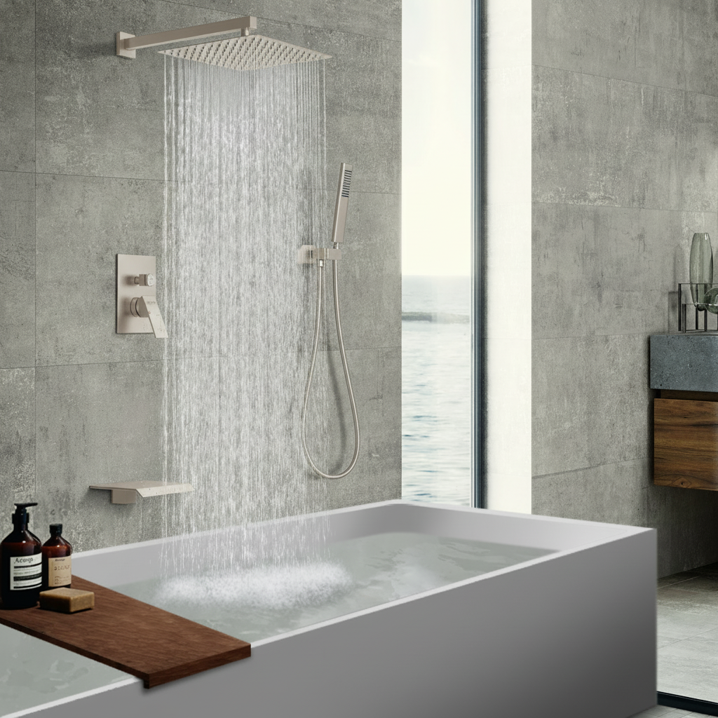 Male NPT Brushed Nickel Shower System, 12 Inch Shower Fixtures Rain Shower Head with Handheld Shower Spray, Wall Mount Shower Faucet Set for Bathroom(Pressure Balance Shower Trim Valve Kit Included)