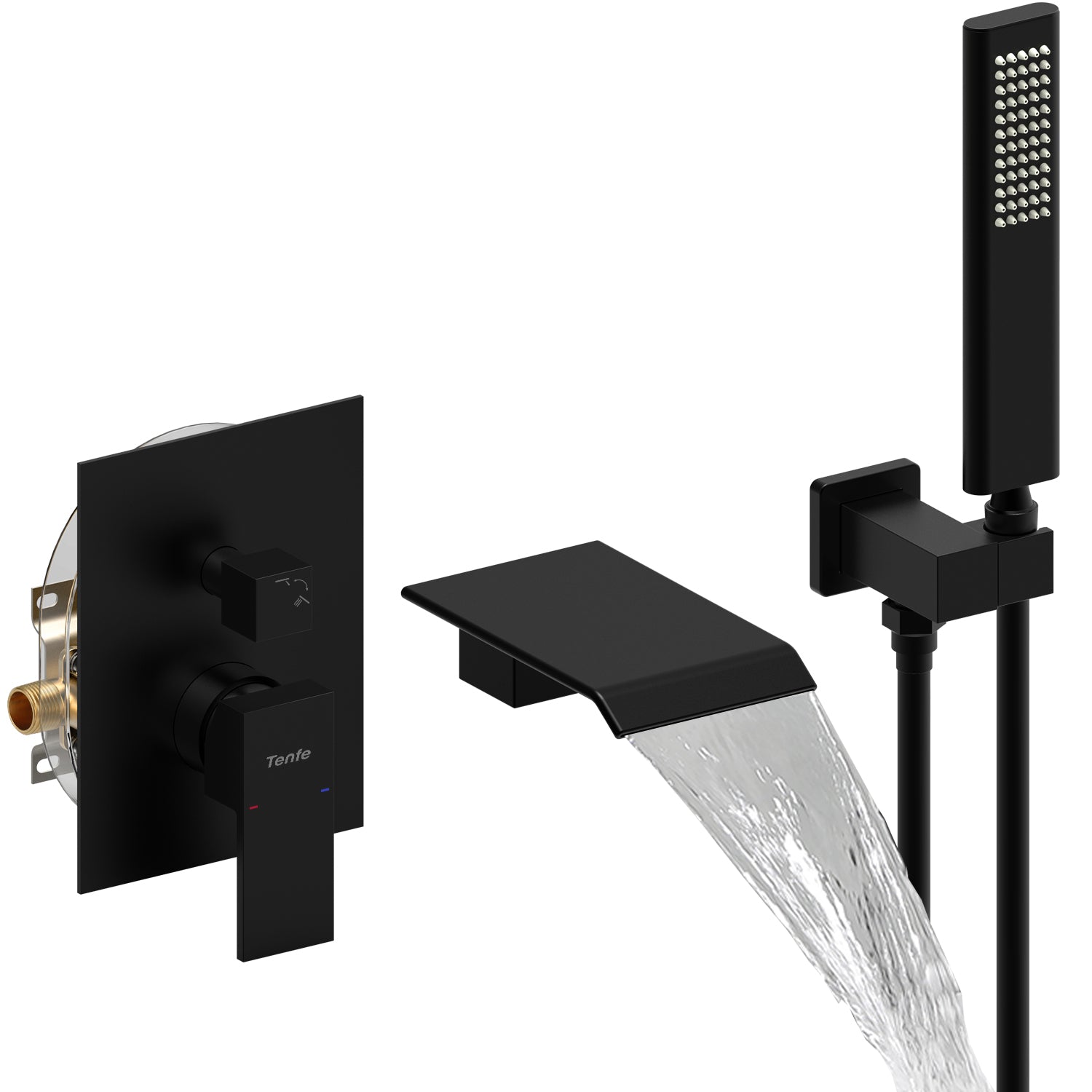 Male NPT Tub Faucet with Hand Shower, Matte Black Waterfall Bathtub Shower Faucet Set, Wall Mount Tub Shower System with Solid Brass Rough-in Valve Shower Trim Kit