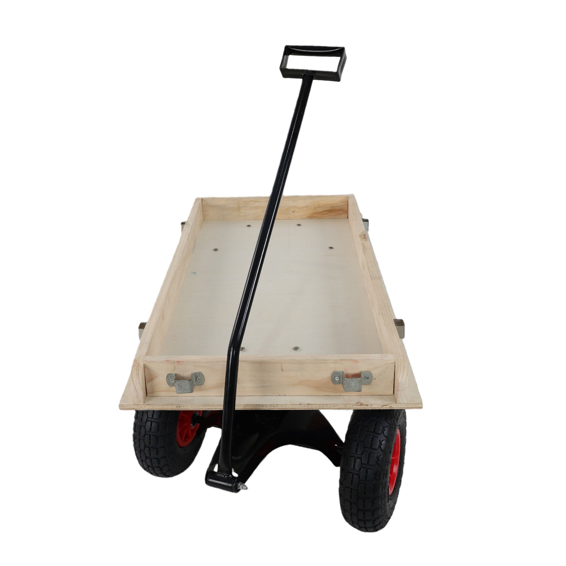 Red Wooden Wagon Cart with Folding Handle, Heavy Duty All-Terrain Kids Wagon for Outdoor, Garden, Camping, and Beach - Classic Pull-Along Utility Wagon