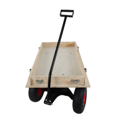 Red Wooden Wagon Cart with Folding Handle, Heavy Duty All-Terrain Kids Wagon for Outdoor, Garden, Camping, and Beach - Classic Pull-Along Utility Wagon