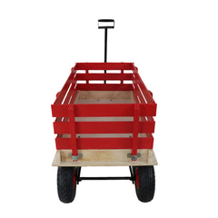 Red Wooden Wagon Cart with Folding Handle, Heavy Duty All-Terrain Kids Wagon for Outdoor, Garden, Camping, and Beach - Classic Pull-Along Utility Wagon