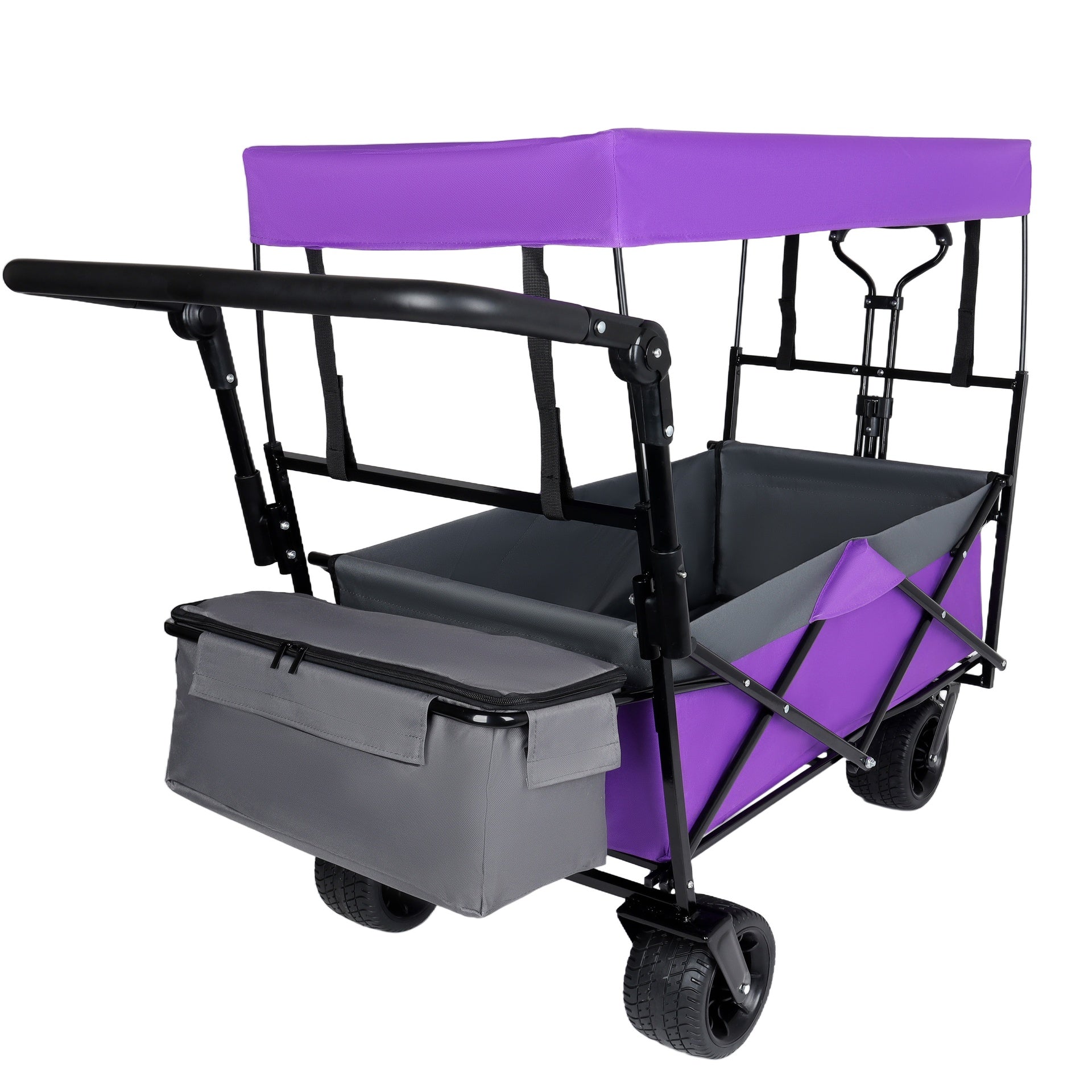 With Push Handle, 480Lbs Collapsible Wagon with Canopy, Wagon cart with 7" All-Terrain Wheels, Lightweight Foldable Wagon, Large Capacity for Camping, Shopping, Sports, and Garden Use, purple