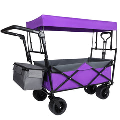 With Push Handle, 480Lbs Collapsible Wagon with Canopy, Wagon cart with 7" All-Terrain Wheels, Lightweight Foldable Wagon, Large Capacity for Camping, Shopping, Sports, and Garden Use, purple