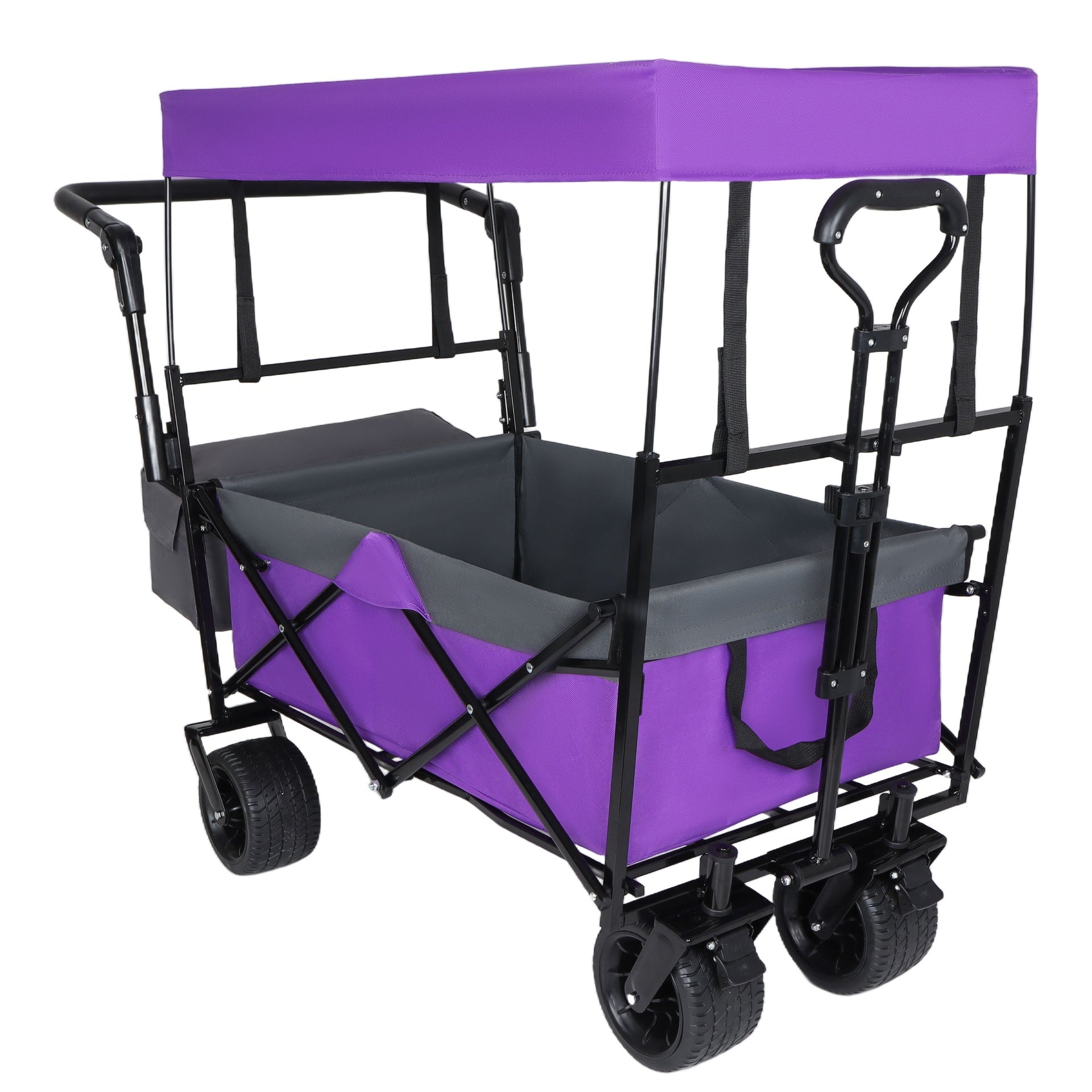 With Push Handle, 480Lbs Collapsible Wagon with Canopy, Wagon cart with 7" All-Terrain Wheels, Lightweight Foldable Wagon, Large Capacity for Camping, Shopping, Sports, and Garden Use, purple
