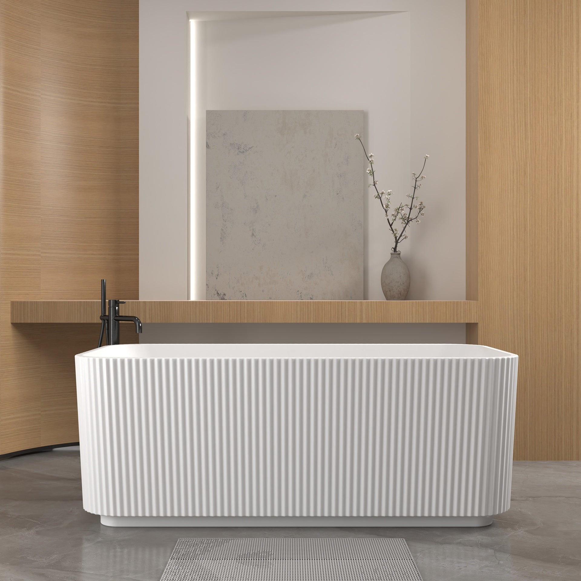 59"Rectangle Linear Acrylic Freestanding Bathtub Stand Alone Soaker Tub, Glossy White Acrylic, POP-UP Chrome Drain, cUPC Certified,
