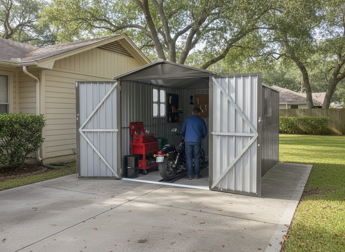Motorcycle Outdoor Steel Storage Shed With Window ,tracks and fixtures,Grey