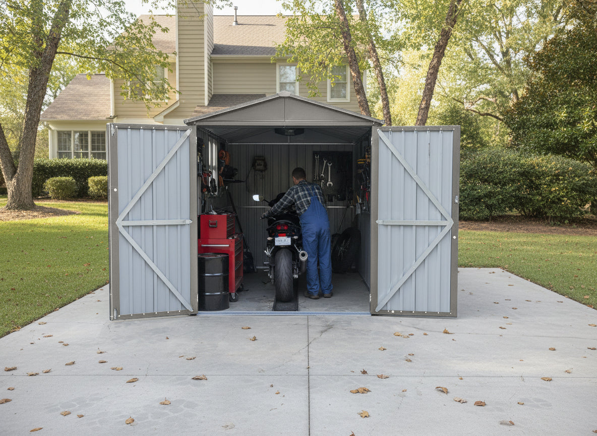 Motorcycle Outdoor Steel Storage Shed With Window ,tracks and fixtures,Grey